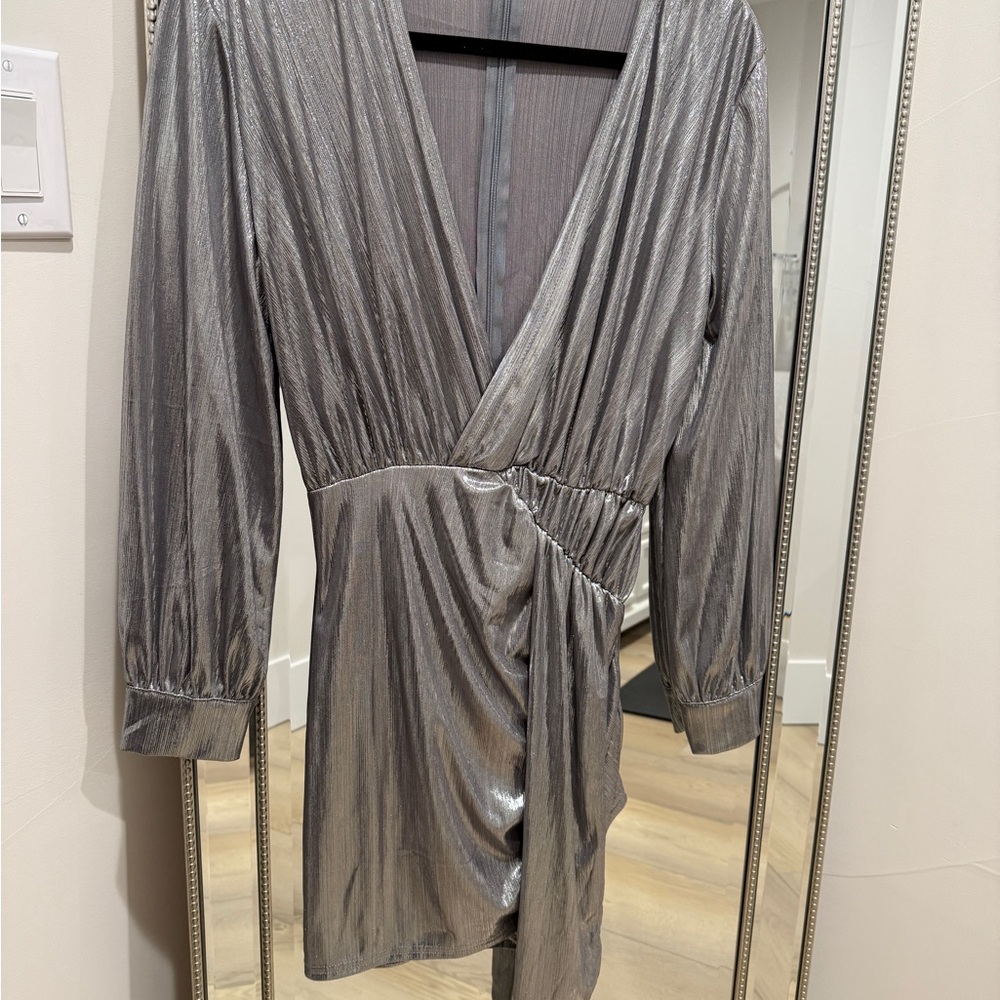 Metallic silver lamé ruched mini dress